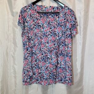 Westport Pink & Blue Floral Ruffle Sleeve Blouse | Size Large